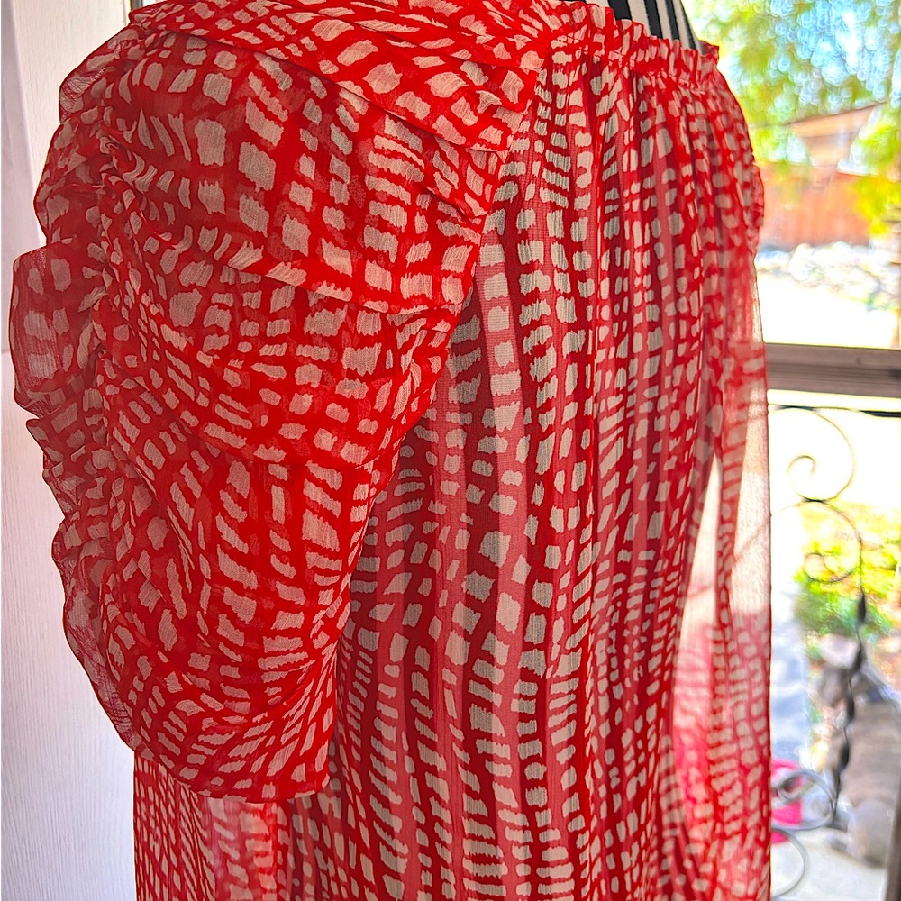 Joie Red Patterned Sheer Gathered Sleeve Summer Blouse New SILK Small